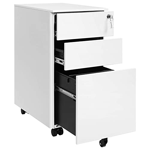 Mobile File Cabinet, Office Cabinet with Wheels and Lock, for A4, Legal, Letter Sized Documents, Hanging File Folders, White