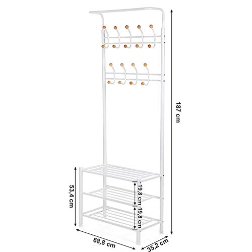 187 cm High Metal Hall Tree, Entryway Organiser, Coat Stand with 3 Shelves, Cream