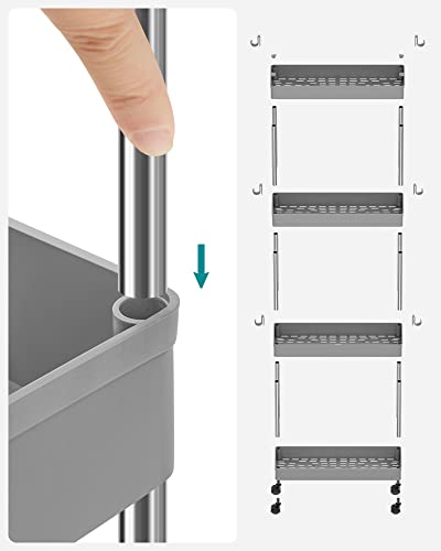 4-Tier Slide Out Storage Trolley, Rolling Cart on Wheels, Space-Saving Narrow Kitchen Bathroom Trolley, 40 x 12.5 x 86 cm, Grey