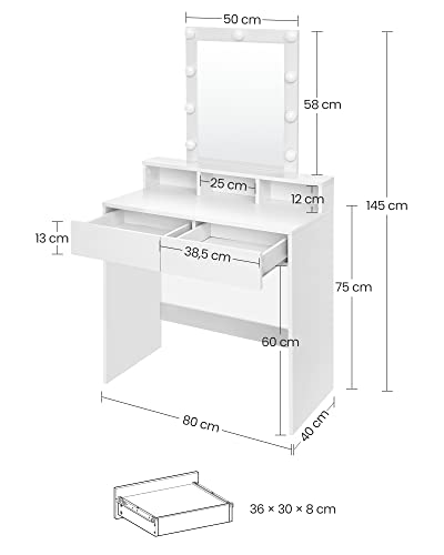 Dressing Table with Mirror and Bulbs, Cosmetic Table with 2 Drawers and 3 Open Compartments, Dressing Table for Makeup, Modern, White