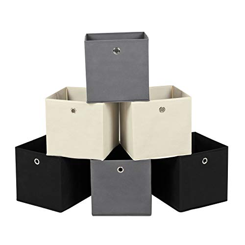 Set of 6 Storage Boxes, Non-Woven Fabric Foldable Storage Cubes and Toy Clothes Organiser Bins, 2 Grey+ Black+ Beige ,30 x 30 x 30 cm