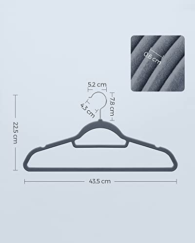 Velvet Hangers, Set of 20 Clothes Coat Hangers, Non-Slip, with Tie Bar and 360° Swivel Hook, Space-Saving, 0.6 cm Thick, 43.5 cm Long, for Dresses Trousers, Light Grey