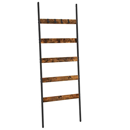 Blanket Ladder, Leaning Ladder Shelf, 5-Tier Towel Rack, 65 cm Wide, Steel Frame, for Blankets, Towels, Scarves, Industrial Style, Rustic Brown and Black