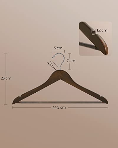 Wooden Hangers, Set of 20, Coat Hangers, Clothes Hangers, with Shoulder Notches, Anti-Slip Trousers Bar, 360° Swivel Hook, for Suits, Shirts, Coats, Dark Walnut and Silver