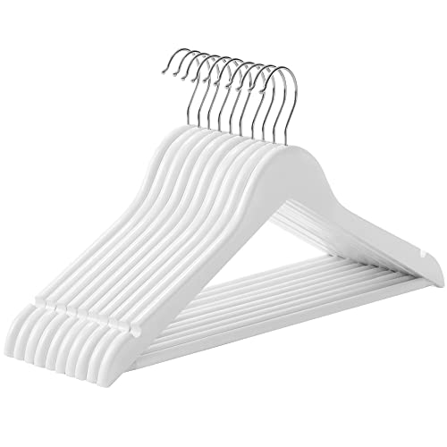 Wooden Hangers, Set of 10, Coat Hangers, Clothes Hangers, with Shoulder Notches, Anti-Slip Trousers Bar, 360° Swivel Hook, for Suits, Shirts, Coats, White