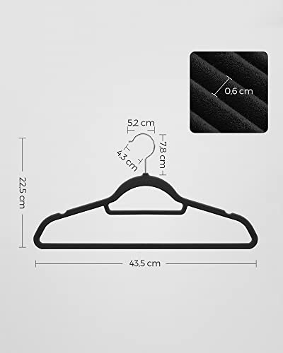 Velvet Hangers, Set of 20 Clothes Coat Hangers, Non-Slip, with Tie Bar and 360° Swivel Hook, Space-Saving, 0.6 cm Thick, 43.5 cm Long, for Dresses Trousers, Black