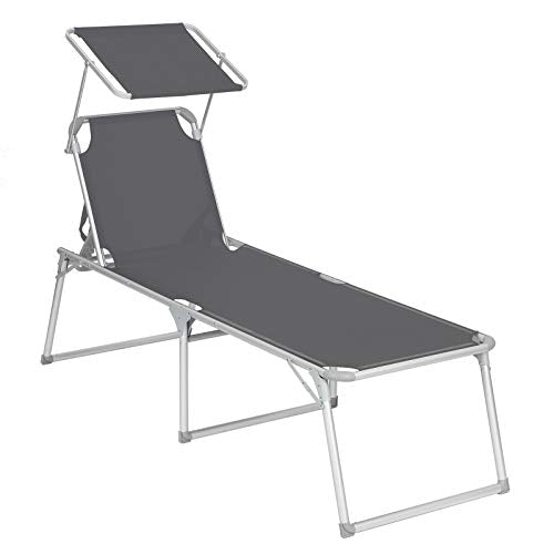 Sun Lounger, Sunbed, Large Reclining Sun Chair, 65 x 200 x 48 cm, Load Capacity 150 kg, with Reclining Backrest, Sunshade, Foldable, for Garden, Balcony, Terrace, Grey