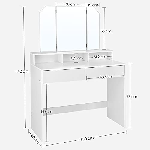 Dressing Table with Tri-Fold Mirror, Makeup Table with 2 Drawers and 3 Open Compartments, Vanity Table, Modern Style, White