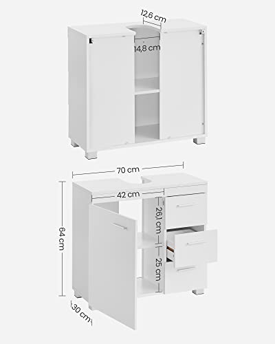 Bathroom Cabinet with 3 Large Drawers, Bathroom Cabinet, 2 Compartments behind the Door, Bathroom Cabinet with Legs, 30 x 70 x 64 cm, White