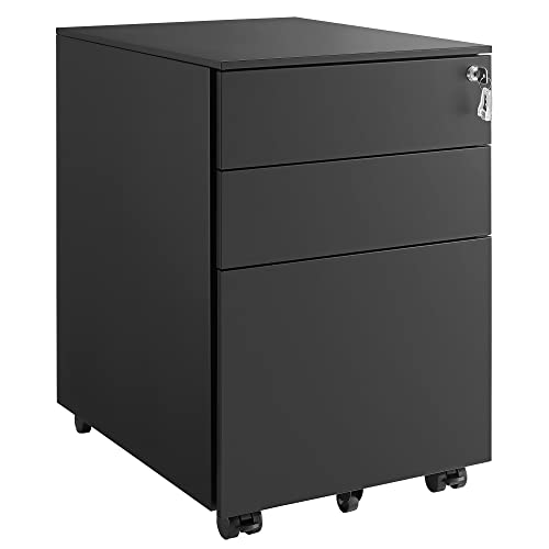 Mobile File Cabinet with 3 Drawers Lockable Steel Pedestal with Suspension File Hanging Rails, Fully Assembled Except Casters, Black