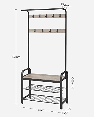 Coat Stand, Shoe Rack with Seat, Clothes Rack with 9 Removable Hooks, Bench, 2 Grid Shelves, 183 cm High, Industrial Design, Greige Black