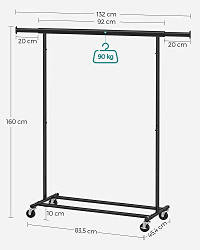 Clothes Rack on Wheels, Heavy Duty Clothes Rail, with Extendable Hanging Rail, 90 kg Load Capacity, Easy Assembly, Portable, Black