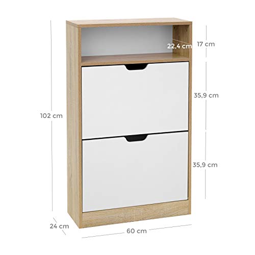 Shoe Cabinet with 2 Flaps, Shoe Rack with an Open Shelf, Melamine Veneer, Easy to Clean, 60 x 24 x 102 cm, White and Natural