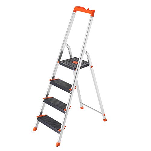 Step Ladder 4 Steps, Aluminium Ladder with 12 cm Wide Steps, Folding Ladder with Tool Tray and Anti-Slip Feet, Max. Static Load 150 kg, TÜV Rheinland Test, GS EN131, Black