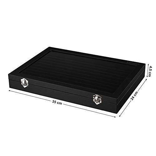 Jewellery Box with Glass Lid, for Rings, Earrings, Cufflinks, Ring Storage Box Holds up to 100 Rings, Display Case, Black