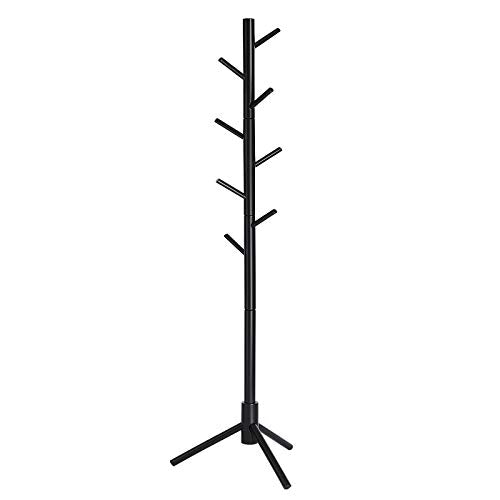 Standing Coat Rack, Solid Wood Coat Rack, Tree-Shaped Coat Rack with 8 Hooks, 3 Height Options, for Clothes, Hats, Bags, for Living Room, Bedroom, Home Office, Black