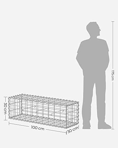 Gabion Basket, Metal Gabion Cage with 5 x 10 cm Mesh for Stones, Galvanised, Garden Decor Wall Partition, 100 x 30 x 30 cm, Silver