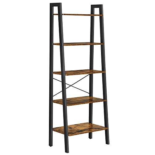 Ladder Shelf, 5-Tier Industrial Bookcase, Storage Unit, with Metal Frame, for Living Room, Kitchen, Rustic Brown