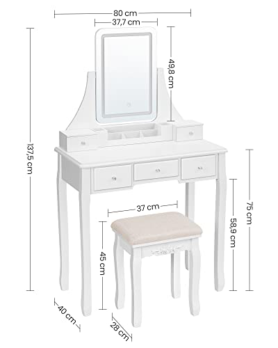 Dressing Table with LED Lighting in 3 Colours, Dressing Table with 360° Rotating Mirror, Cosmetic Table with Padded Stool, 5 Drawers, Removable Makeup Organiser, White