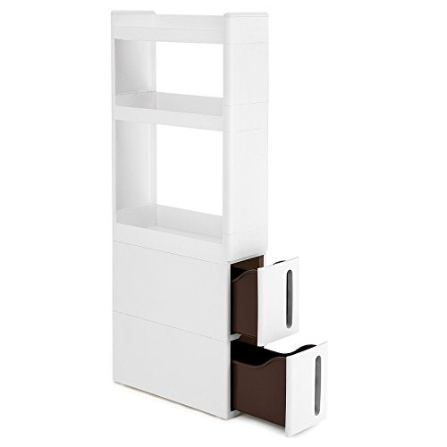 Narrow 3 Shelves 2 Drawers Recess Cabinet with Wheels for Kitchen Bathroom and Cellar 17cm Wide White , 45 x 17 x 106.5 cm