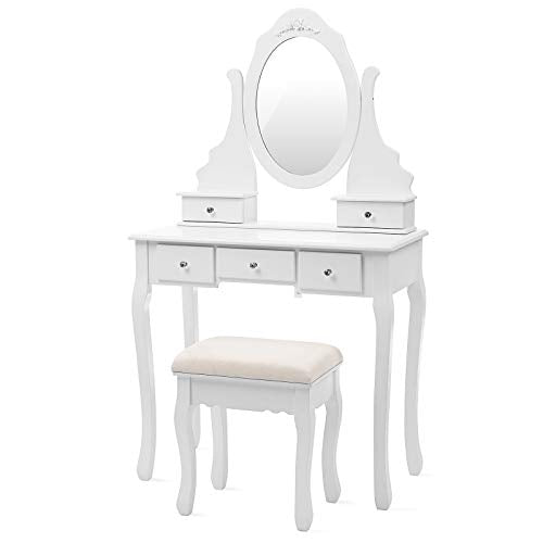 Dressing Table Set with Stool and 360 Degree Swiveling Mirror Makeup Desk 5 Drawers Vanity Furniture Easy to Assemble Bedroom White