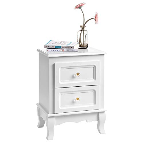 2 Bedside Tables, Beside Cabinet with 2 Drawers, Wooden Night Stands with Solid Pine Wood Legs, Spacious Storage, White