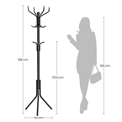 Metal Coat Rack, Clothes Stand, Hat Handbag Hanger, 182 cm Tall Hall Tree, Black