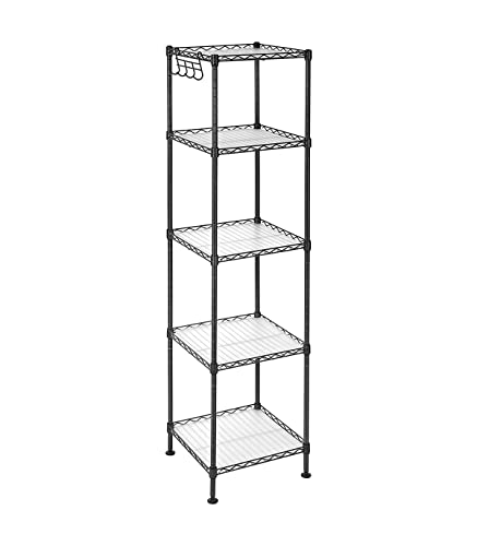 Bathroom Shelf, Metal Storage Rack, Total Load Capacity 100 kg, with 5 PP Sheets, Removable Hooks, 30 x 30 x 123.5 cm, Expandable Design, for Small Space, Black and Translucent