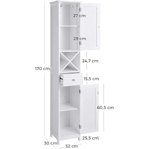 Floor Cabinet, Bathroom Tall Cabinet with Shutter Doors, Drawer, and Removable X-Shaped Stand, 32 x 30 x 170 cm, Scandinavian Style, White