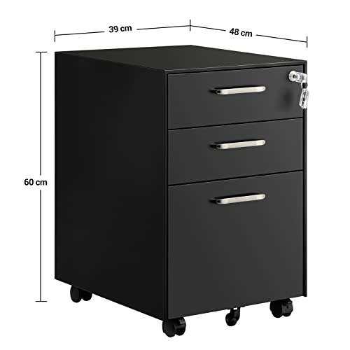 Office Chest of Drawers, Lockable File Cabinet, with 3 Drawers, Castors, for Documents, Stationery and Suspended Folders, for Office and Study, Steel, Black