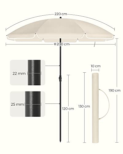 2 m Parasol, Beach Umbrella, UPF 50+, Sun Protection, Portable Octagonal Polyester Canopy, Fibreglass Ribs, Tilt Mechanism, Carry Bag, for Beach Garden Balcony Pool, Beige