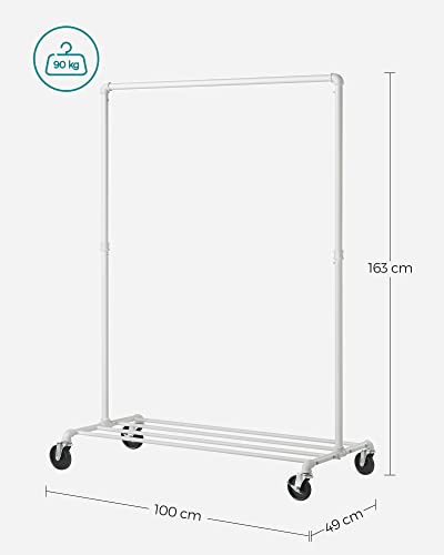 Clothes Rail, Clothes Rack on Wheels, Heavy-Duty Clothing Rail, Holds 90 kg, Industrial Design, Coat Stand with 1 Hanging Rail and Shelf, for Bedroom Laundry Room, White