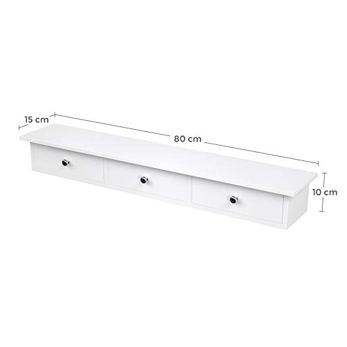 Floating Wall Shelf with 3 Drawers, Hallway Storage Shelf, 80 x 15 x 10 cm, Living Room, Bedroom, Kitchen, High Gloss Paint, White