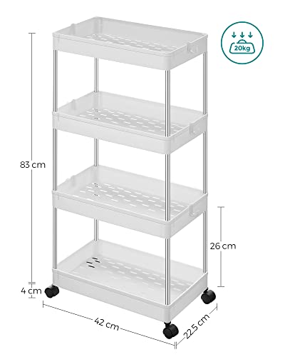 4-Tier Storage Trolley, Rolling Cart with Wheels, Space-Saving Kitchen Trolley in Office Bathroom, 40 x 22 x 86 cm, White