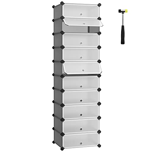 Interlocking Shoe Rack, Rectangular Storage Organiser, 10 Slot Modular DIY Storage Shelf Unit, 40 x 30 x 17 cm for Each Slot, Plastic Wardrobe with Doors, Grey