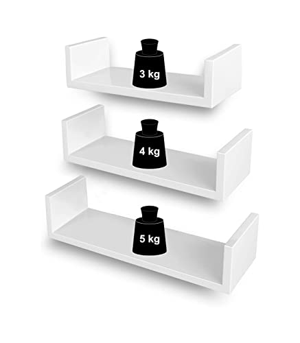 Set of 3 Modern Wall Shelves, Floating MDF Storage Shelving with High Gloss Finish, and Invisible Mounting, White