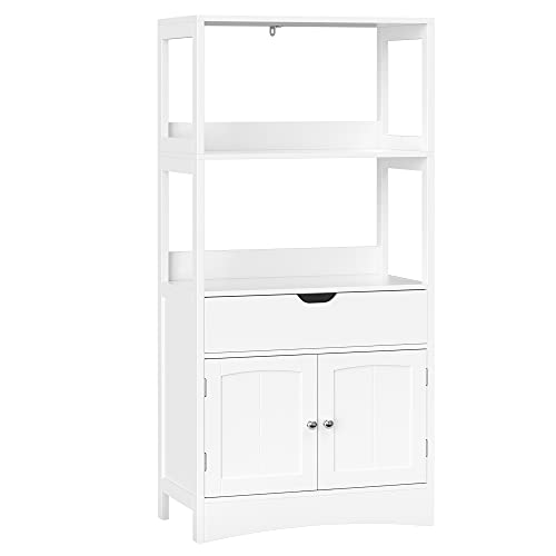 Large Wardrobe with Drawer, 2 Open Shelves and Double Doors, Wardrobe for Bathroom, Entrance, Kitchen and Living Room, White