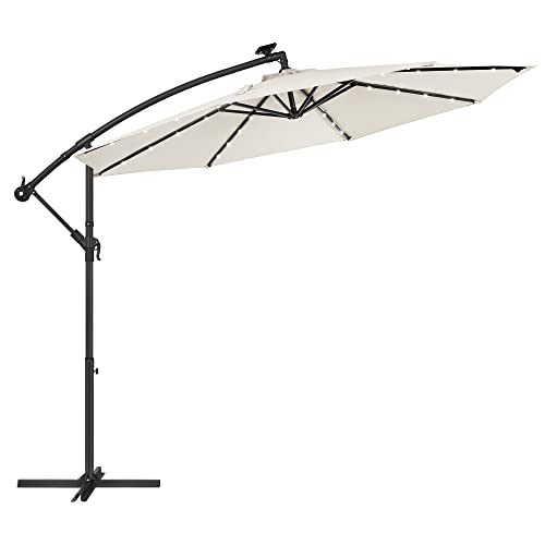 Cantilever Garden Patio Parasol with Solar-Powered LED Lights, 3 m Offset Parasol with Base, UPF 50+ Banana Hanging Umbrella, Crank for Opening Closing, Beige