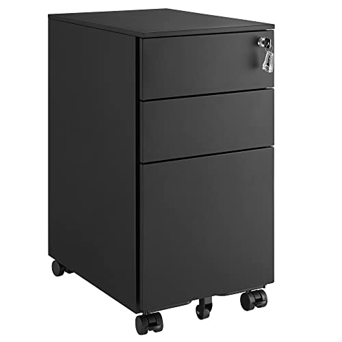 Office Filing Cabinet Mobile Storage Cabinet with Wheels and Lock for Documents and Suspension File with 3 Drawers Black