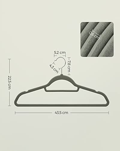 Velvet Hangers, Set of 20 Clothes Coat Hangers, Non-Slip, with Tie Bar and 360° Swivel Hook, Space-Saving, 0.6 cm Thick, 43.5 cm Long, for Dresses Trousers, Grey