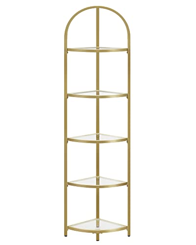 Corner Shelf Stand, 5 Tier Corner Bookshelf, Tempered Glass Shelves, Modern Style, Plant Stand with Steel Frame for Living Room, Bedroom, Kitchen, Bathroom, Golden Color U