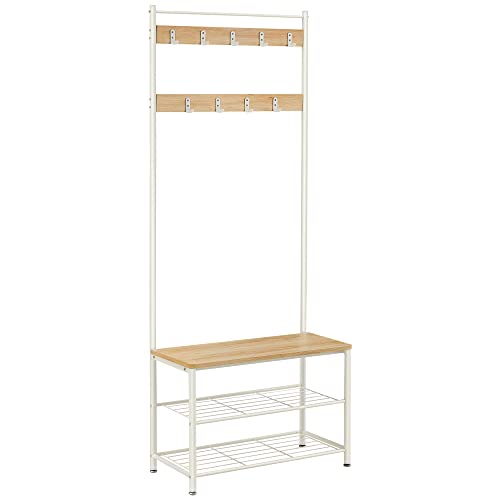 Coat Rack, Coat Stand with Shoe Storage Bench, Hall Tree with Shoe Rack, 3-in-1 Design, Steel Frame, for Hallway, Entrance, 32 x 70 x 175 cm, Modern, Oak Colour and White