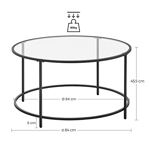 Round Coffee Table, Glass Table with Steel Frame, Living Room Table, Sofa Table, Tempered Glass, Black