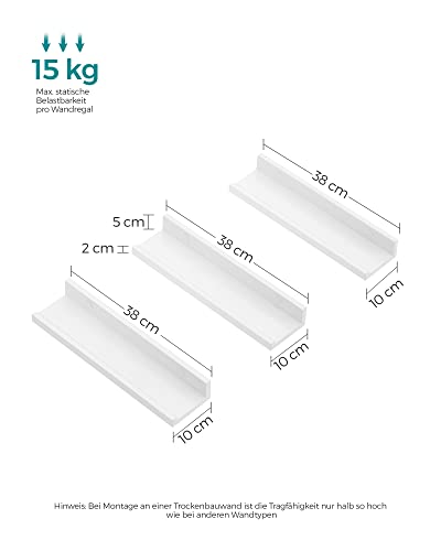 Wall Shelf 3 Set Floating Shelves Ledge for Picture Frames and Books, 38 x 10 cm, MDF White