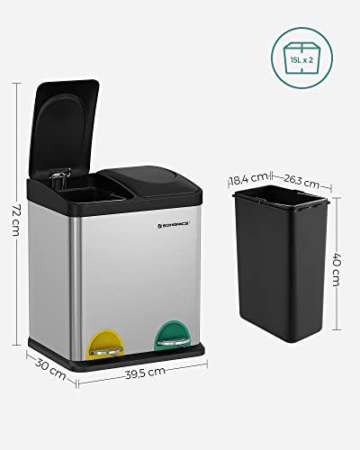 Recycle Bin, 30-Litre Waste Separation System, 2 x 15L Rubbish Bin, with Inner Buckets, Colour-Coded Pedals, for Kitchen, Living Room, Silver and Black