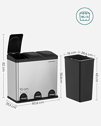 54L Recycling Bin, Rubbish Bin, Steel Pedal Bin with 3 Sections, Inner Buckets, 6 Sorting Labels, for Easy Waste Separation, Silver and Black