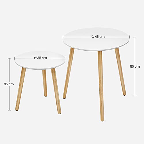 Nesting Side Table, Round End Table, Set of 2, Scandinavian Minimalist Coffee Table with Solid Pine Wood Legs, White and Natural