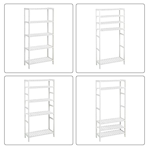 5-Tier Bathroom Storage Shelves, Bamboo Kitchen Shelf with 9 Adjustable Heights, Multifunctional Display Stand in Living Room, Hallway, 60 x 26 x 130 cm, White