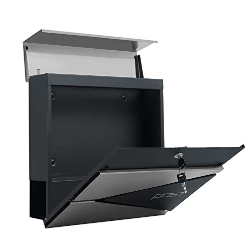 Modern Mailbox, Lockable Wall-Mounted Post Letter Box with Newspaper Holder, Easy to Install, Anthracite Grey and Silver