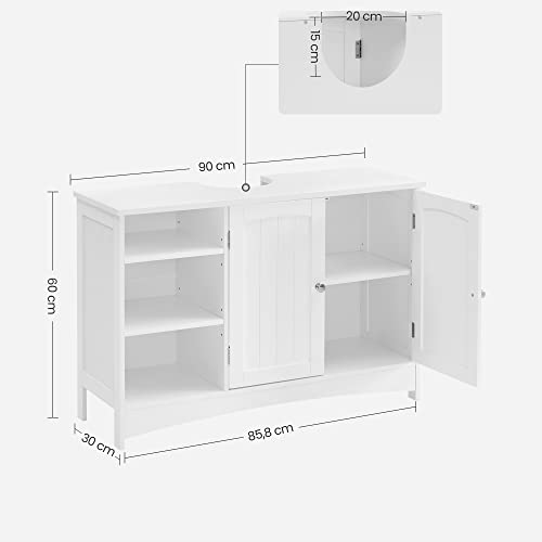 Under Sink Cabinet, Bathroom Sink Cabinet, 90 x 30 x 60 cm, Storage Cupboard with 2 Doors, Open Storage Compartments, Height-Adjustable Shelves, White UK